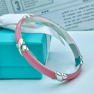 MINT! Authentic Tiffany & Co WIDE Signature X Pink Enamel Silver Bracelet Bangle